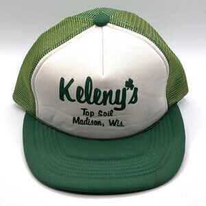 Vtg 80s Keleny's Top Soil Madison, WI Snapback Trucker Rope Hat Green Mesh Back